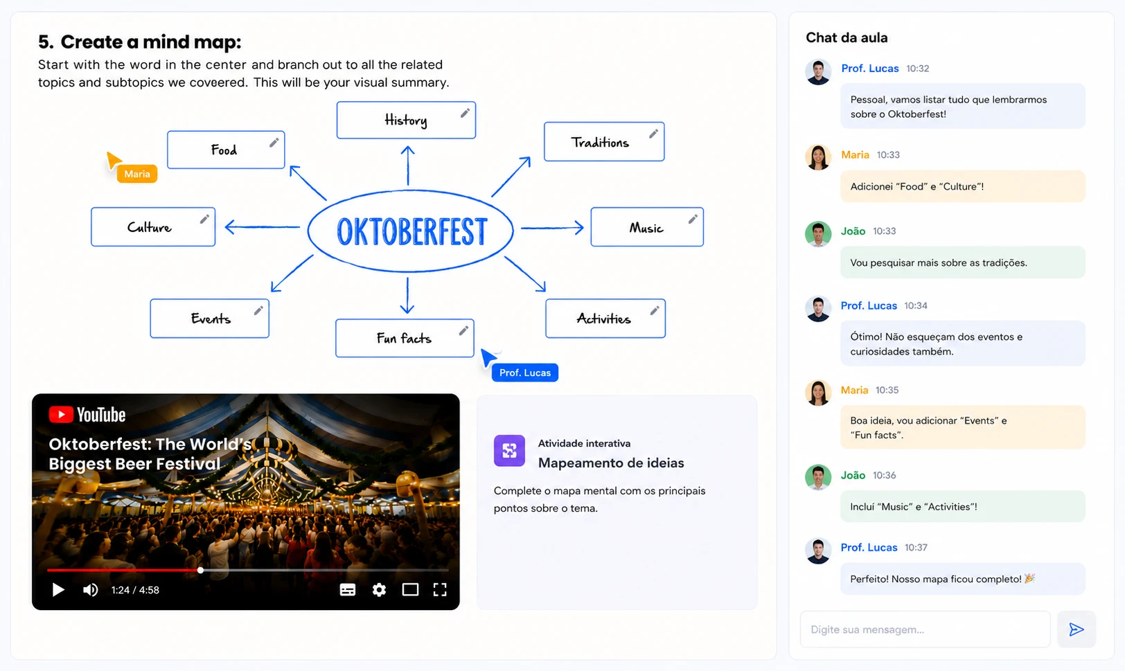 Aula interativa da TeachPlus com mapa mental, vídeo e chat da aula.